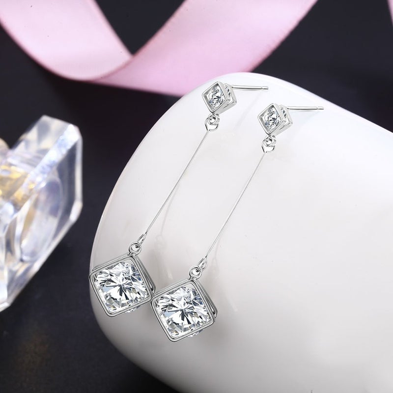 SBLING Platinum-Plated Cubic Zirconia Drop Earrings, 3.9 cttw, Cube - Image 2
